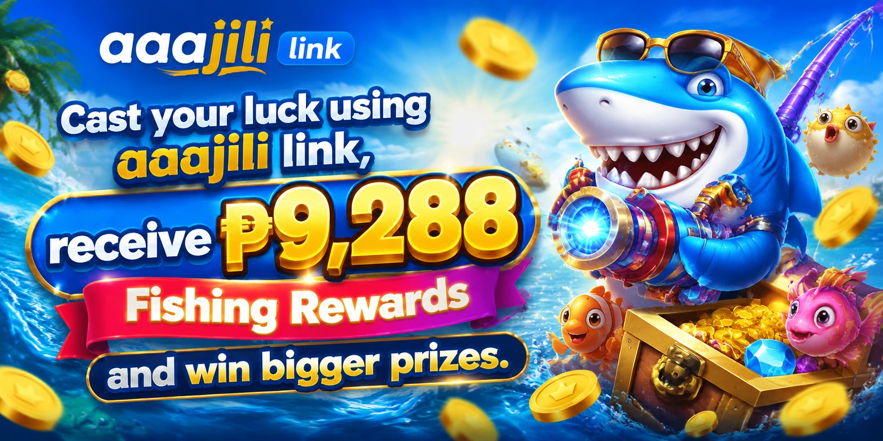 Fishing game room showing target fish, cannon power, and bright ocean visuals